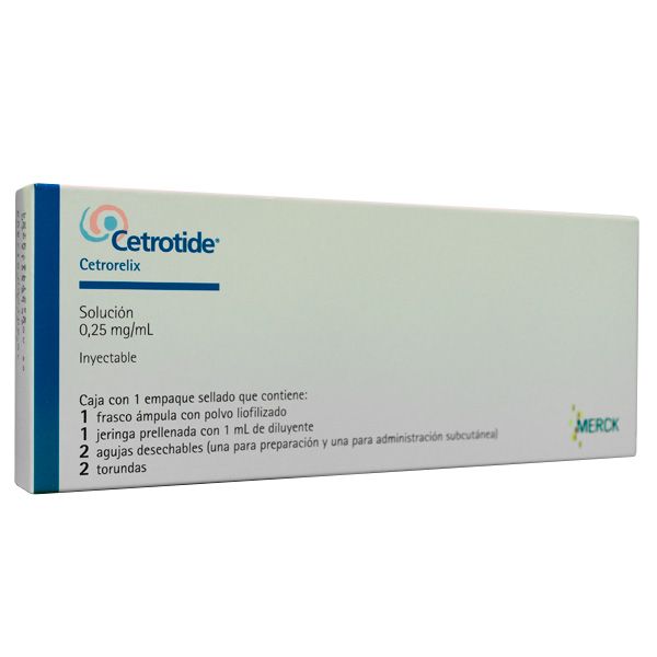 Cetrotide vista frontal de medicamento en presentación de 0,25 mg