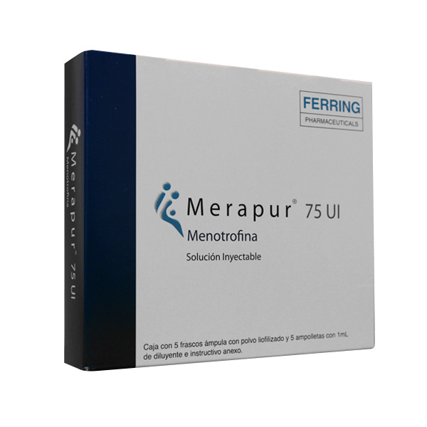 Merapur vista frontal de medicamento en presentación de 75 UI caja con 5