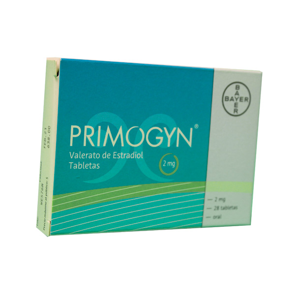 Primogyn vista frontal de medicamento en presentación de 28 tabletas de 2 mg