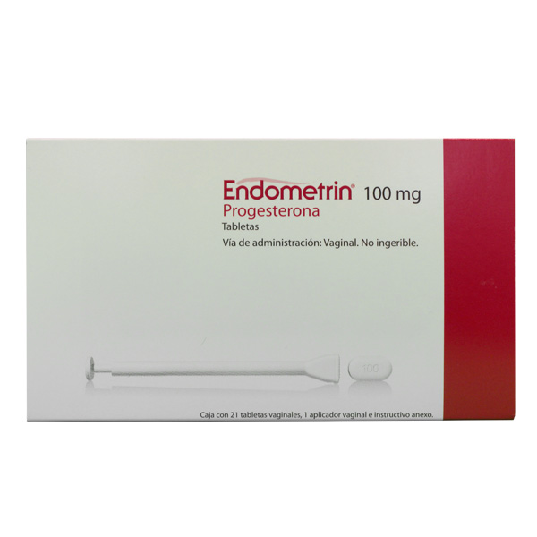 Endometrin vista frontal de medicamento en presentación de 100 mg