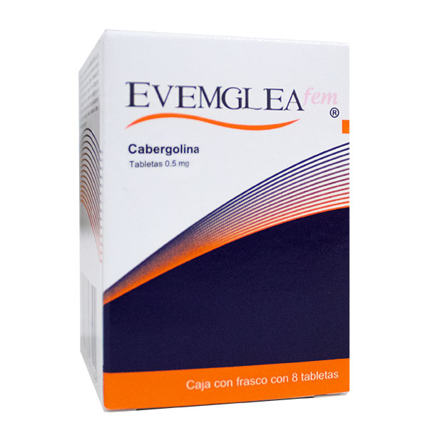 Evemglea vista frontal de medicamento en presentación de 8 tabletas de 0.5 mg