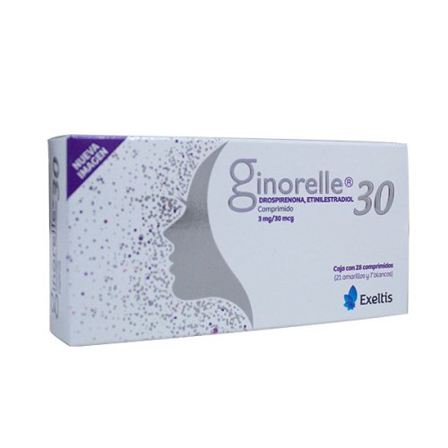 Ginorelle vista frontal de medicamento en presentación de 30 mcg con 28 tabletas