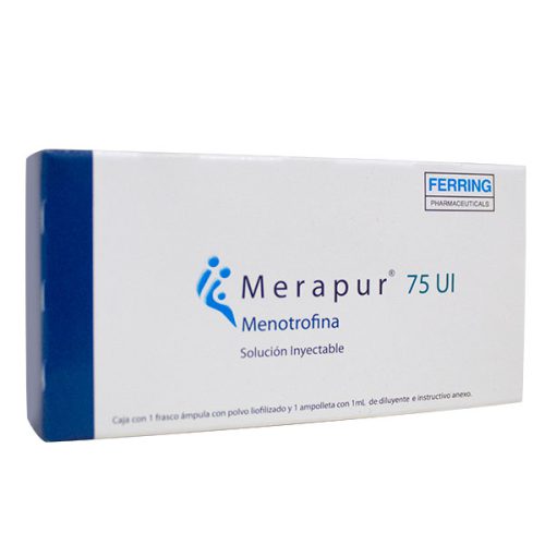 Merapur vista frontal de medicamento en presentación de 75 UI caja con 1
