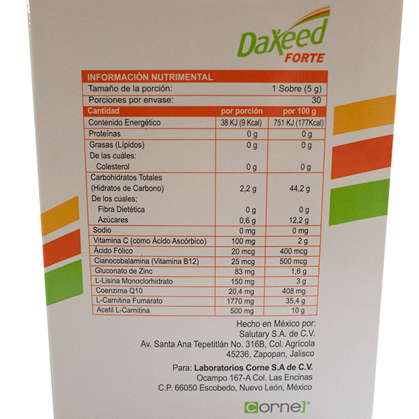 Daxeed Forte vista trasera de suplemento alimenticio en presentación de 30 sobres de 5 g