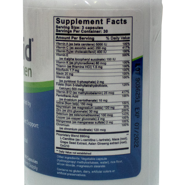 FertilAid for men ingredientes de suplemento alimenticio en presentación de 90 cápsulas