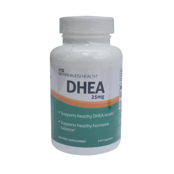 DHEA vista frontal de suplemento alimenticio en presentación de 25 mg