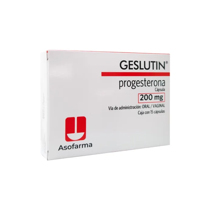 Geslutin 200 mg vista frontal de medicamento en presentación de 15 cápsulas