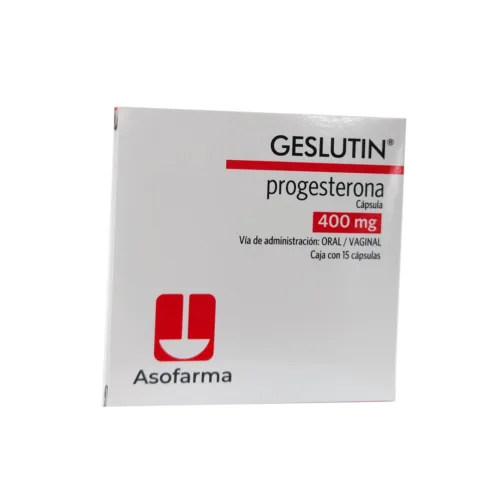 Geslutin 400 mg vista frontal de medicamento en presentación de 15 cápsulas