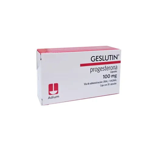 Geslutin 100 mg vista frontal de medicamento en presentación de 30 cápsulas
